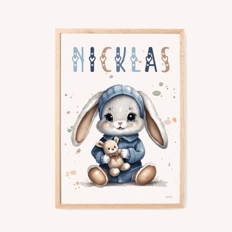 Plakat Med Navn Blå Kanin - Woodenfactory Plakater