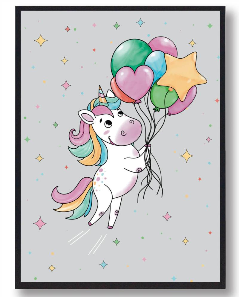 Enhjørning med Balloner Plakat – Grå 30x40cm Tilbud!