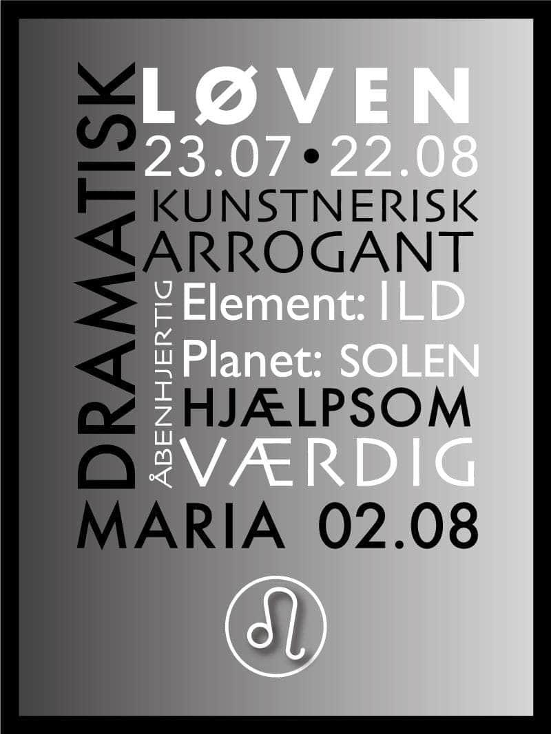 Løven Stjernetegn Med Tekst Plakat - Egly Design Plakater