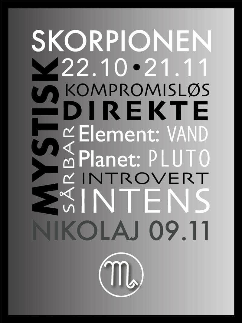 Skorpionen Stjernetegn Med Tekst Plakat - Egly Design Plakater