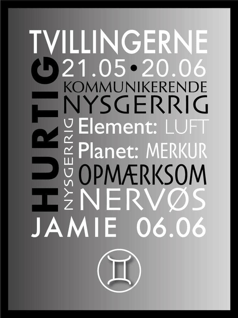 Tvillingerne Stjernetegn Med Tekst Plakat - Egly Design Plakater