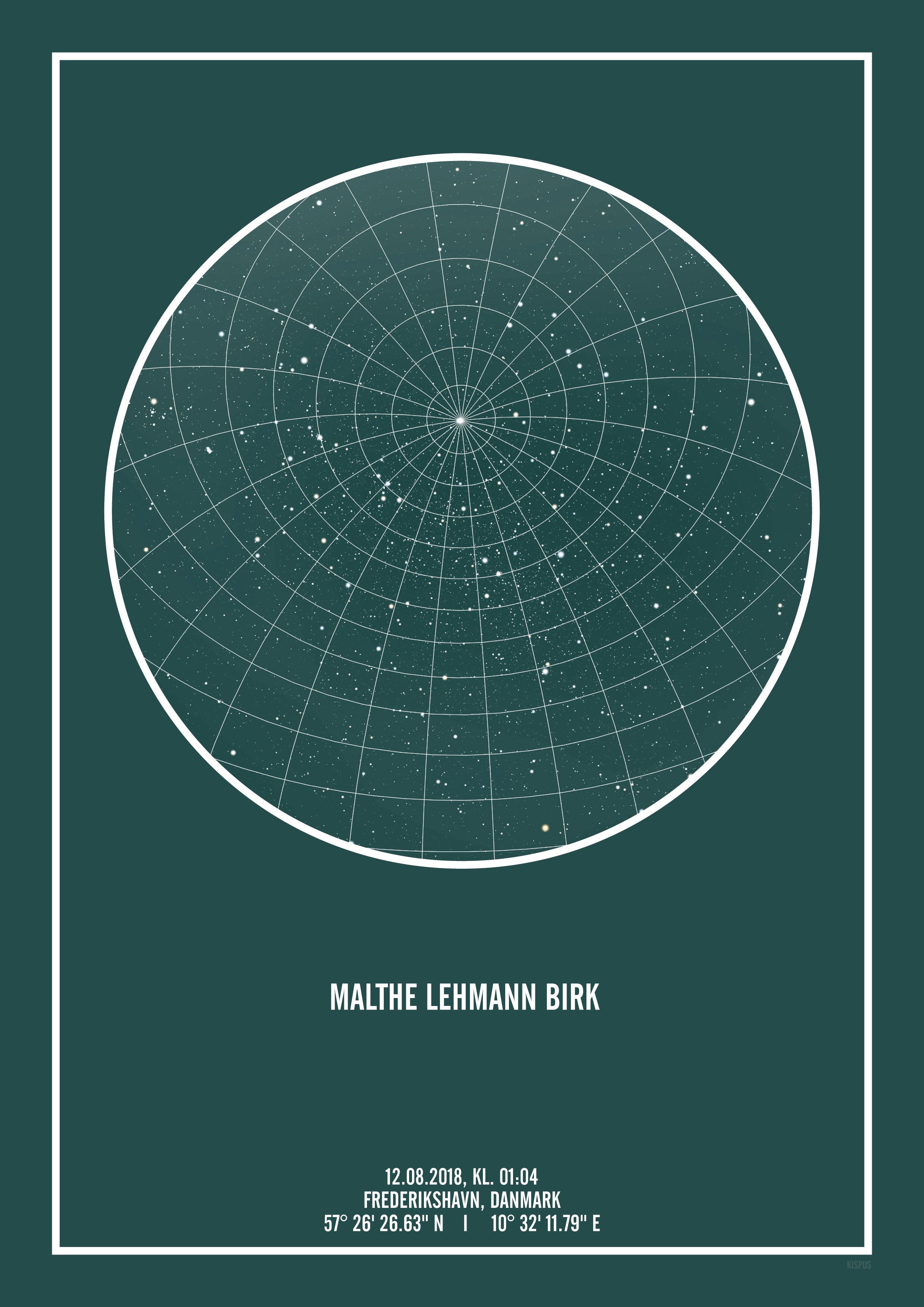 Personlig Stjernehimmel Plakat MØrkegrØn 50x70 Ækvatorgitter - Kispus Plakater
