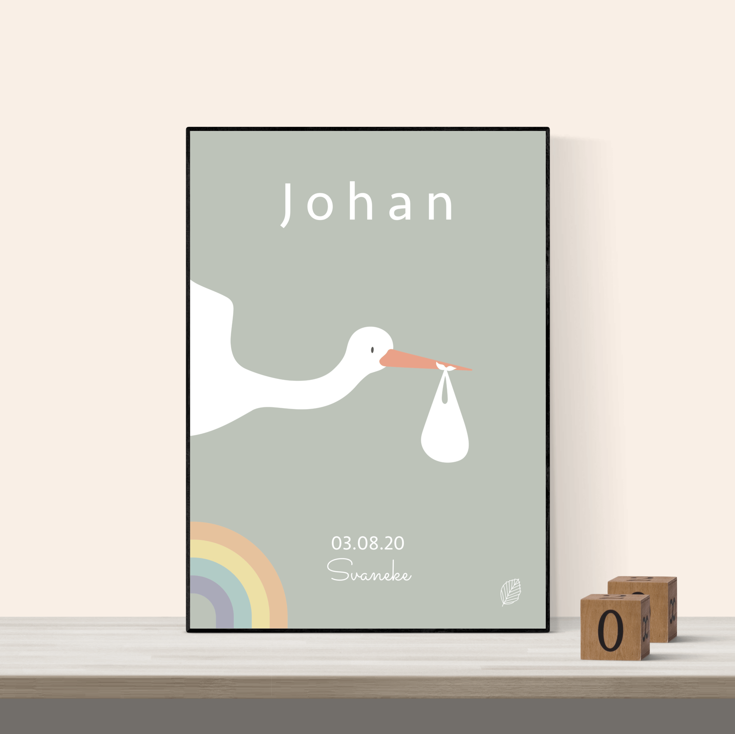 Navneplakat Med & Dato Stork Grå 50x70 Uden Ramme Nordic Simply - Nordic Simply Plakater