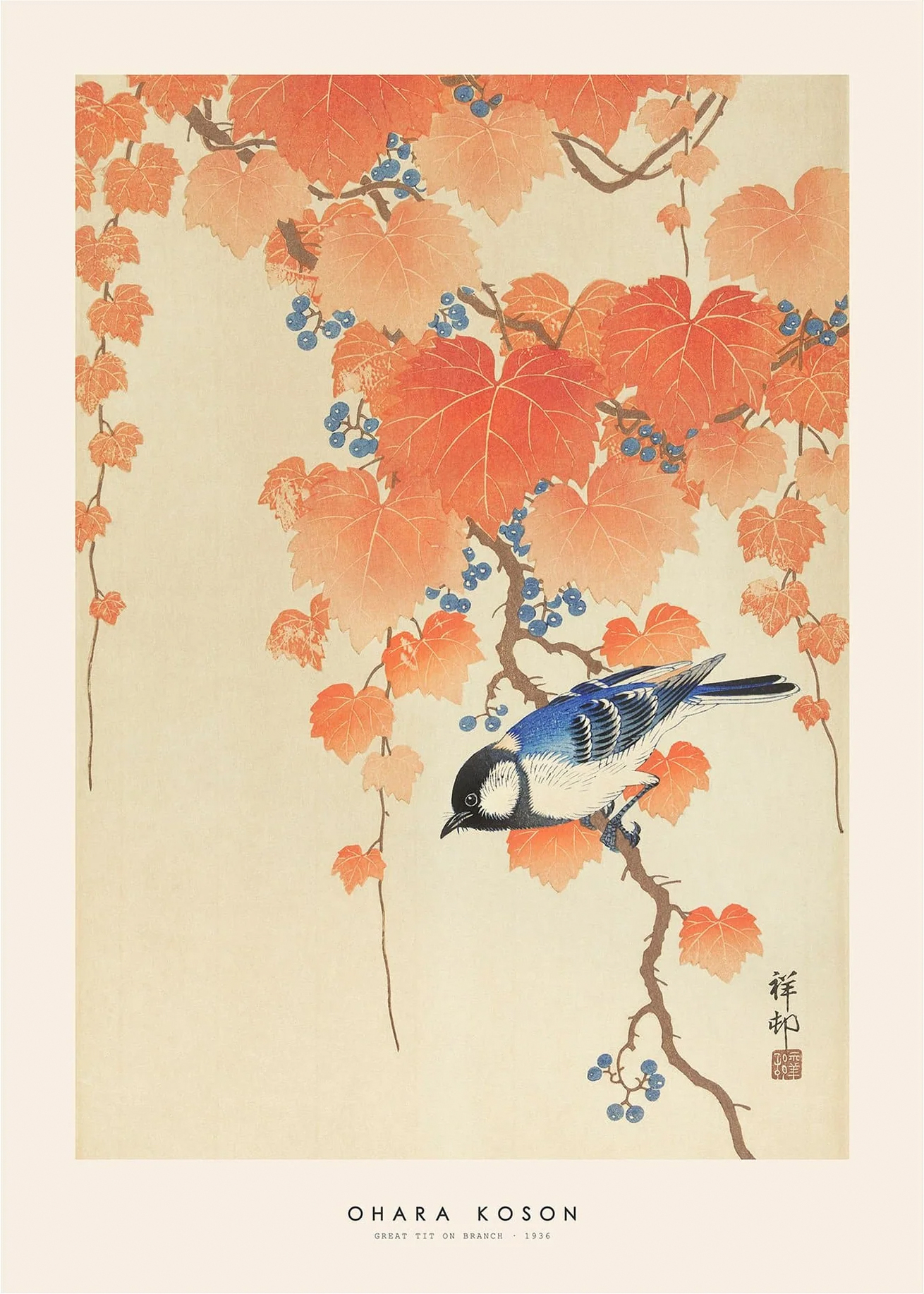 Rosa Great Tit Branch Ohara Koson - Ohara Koson Plakater