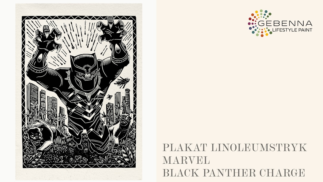 Hvid Plakat Linoleumstryk: Marvel Black Panther Charge 50x70 - Gebenna Plakater