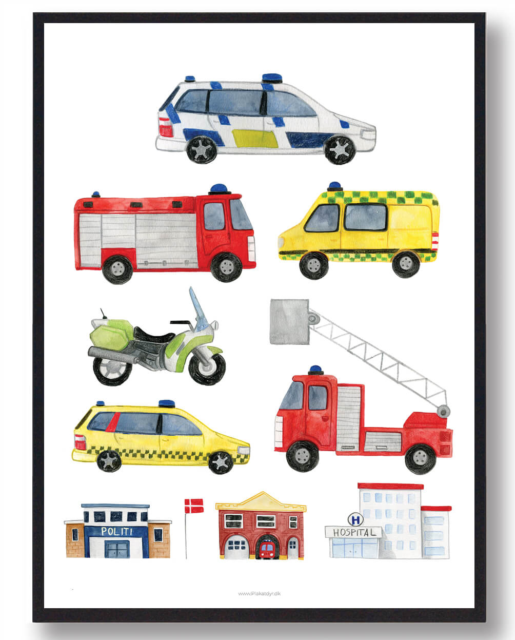 Politi Ambulance Brandbil Håndtegnet Plakat - Plakatdyr.dk Plakater