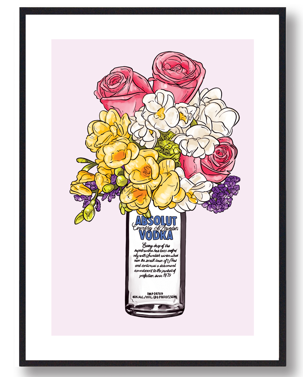 Lyserød Blomster Vodkaflaske Plakat - Plakatdyr.dk Plakater