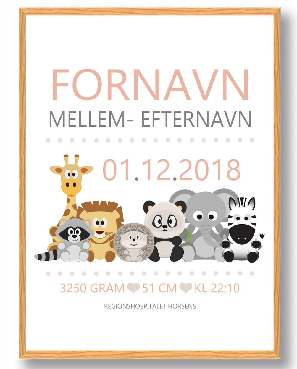 Beige Fødselstavle Med Dyr Plakat - Plakatdyr.dk Plakater