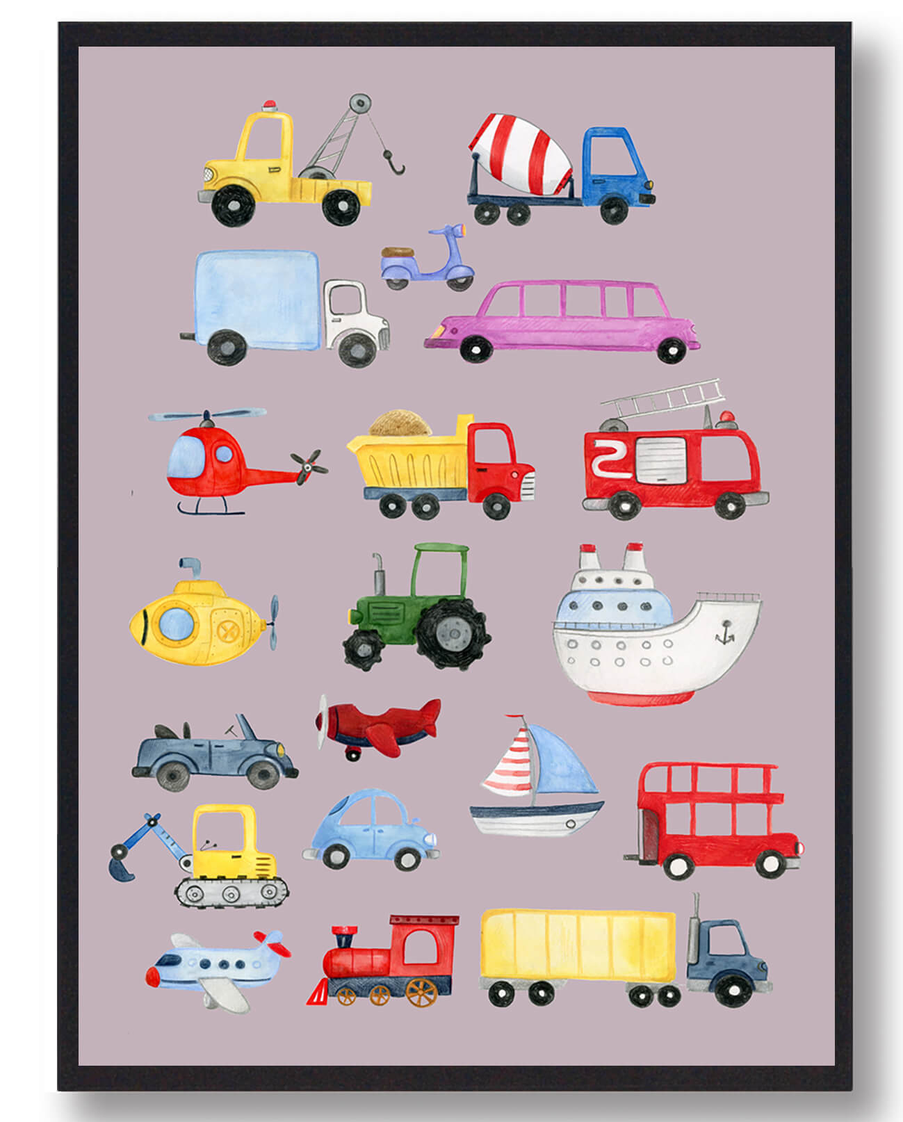 Lyserød Bil Traktor Fly Både Håndtegnet Plakat - Plakatdyr.dk Plakater