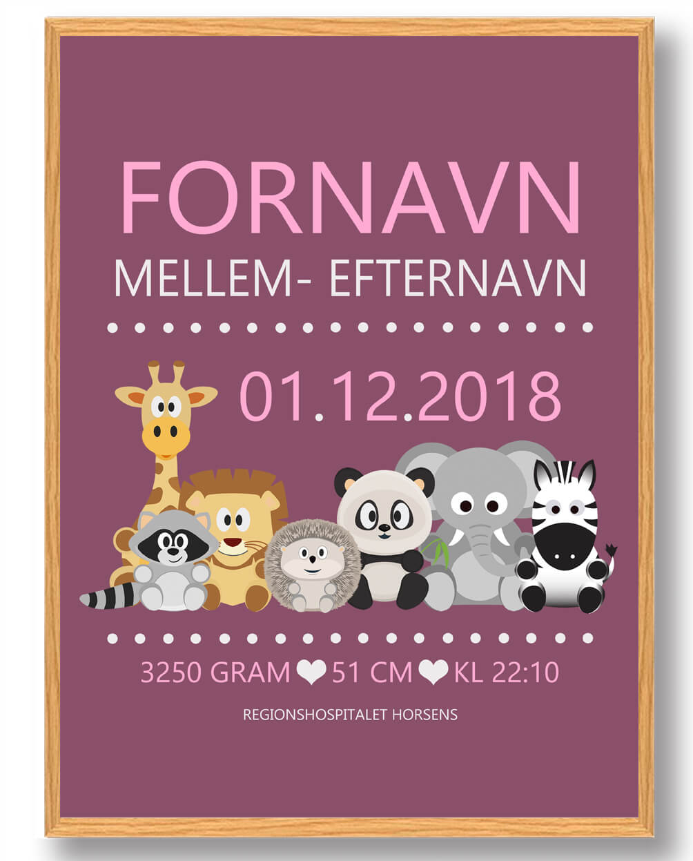 Fødselstavle Med Dyr Lilla Baggrund Plakat - Plakatdyr.dk Plakater