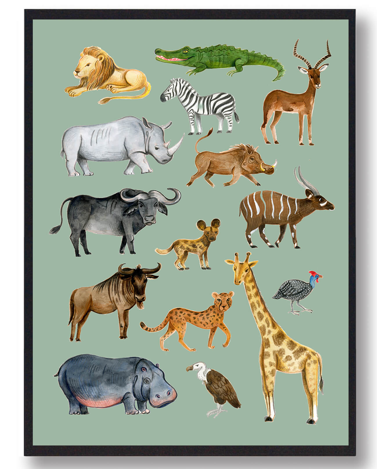 Grøn Afrikas Dyr Håndtegnet Plakat - Plakatdyr.dk Plakater