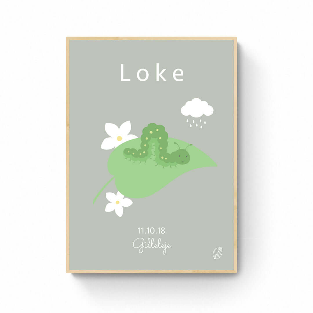 Grøn Navneplakat Med & Dato Kålorm 50x70 Uden Ramme Nordic Simply - Nordic Simply Plakater