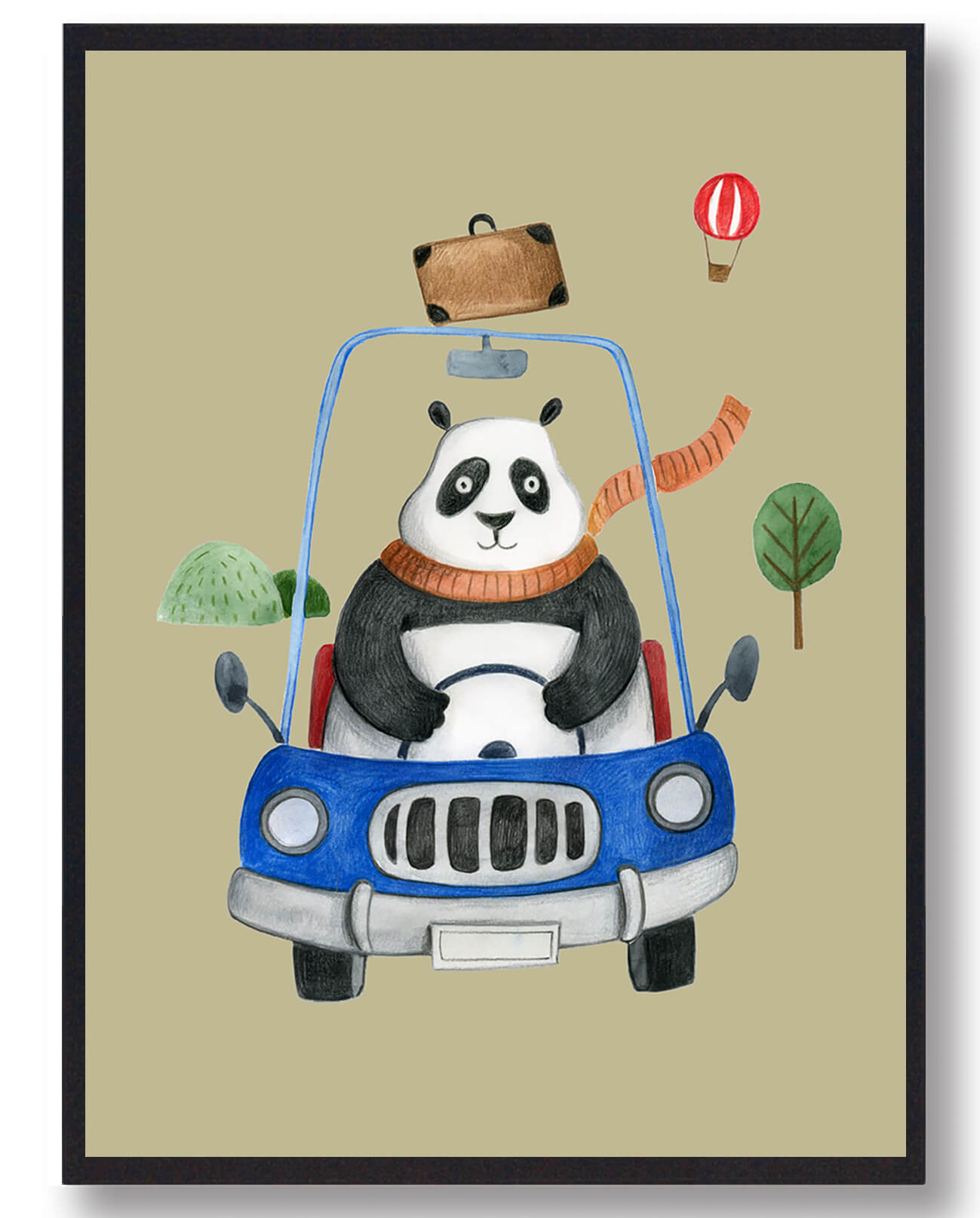 Panda Bil Håndtegnet Plakat Gul - Plakatdyr.dk Plakater