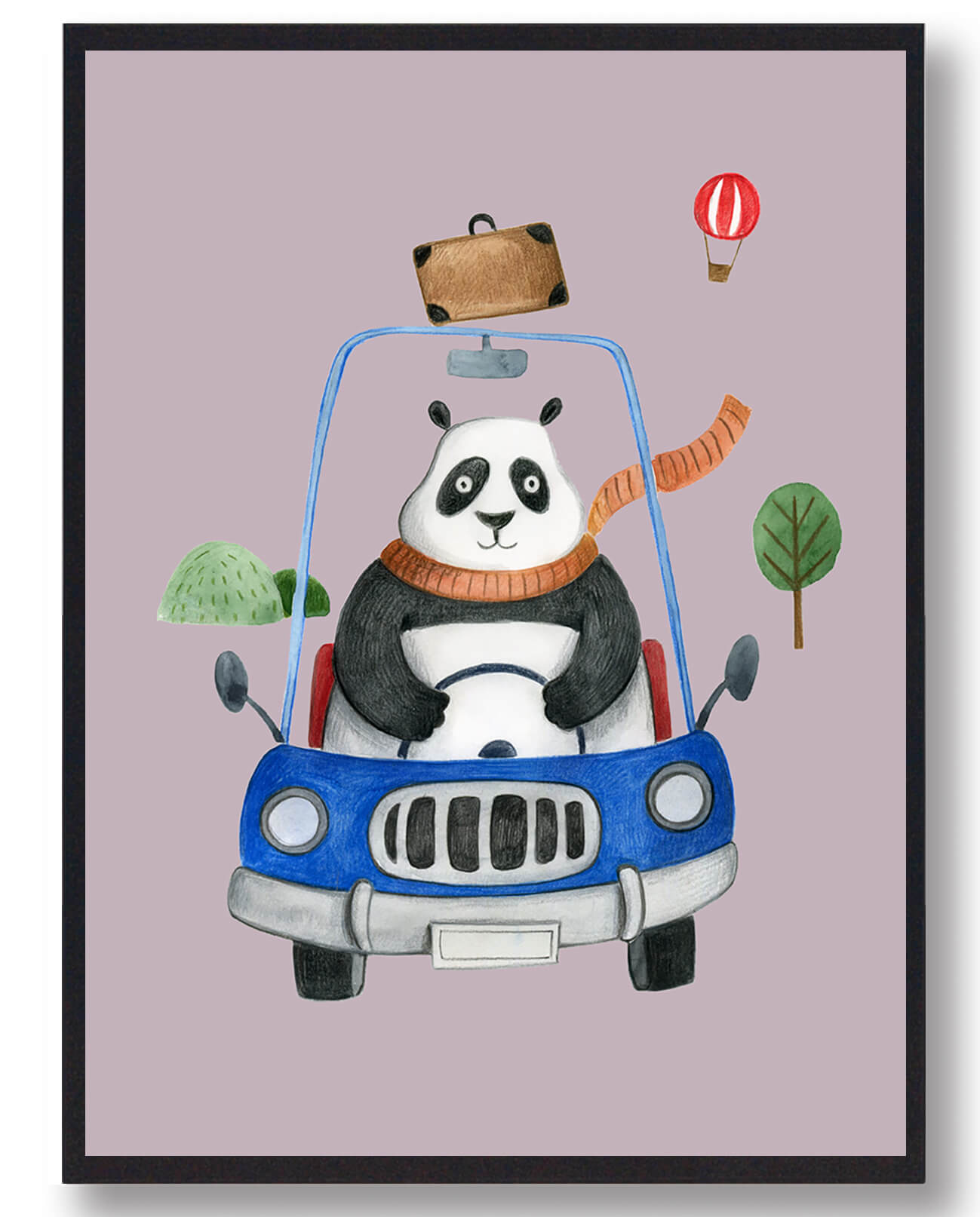 Lyserød Panda Bil Håndtegnet Plakat - Plakatdyr.dk Plakater