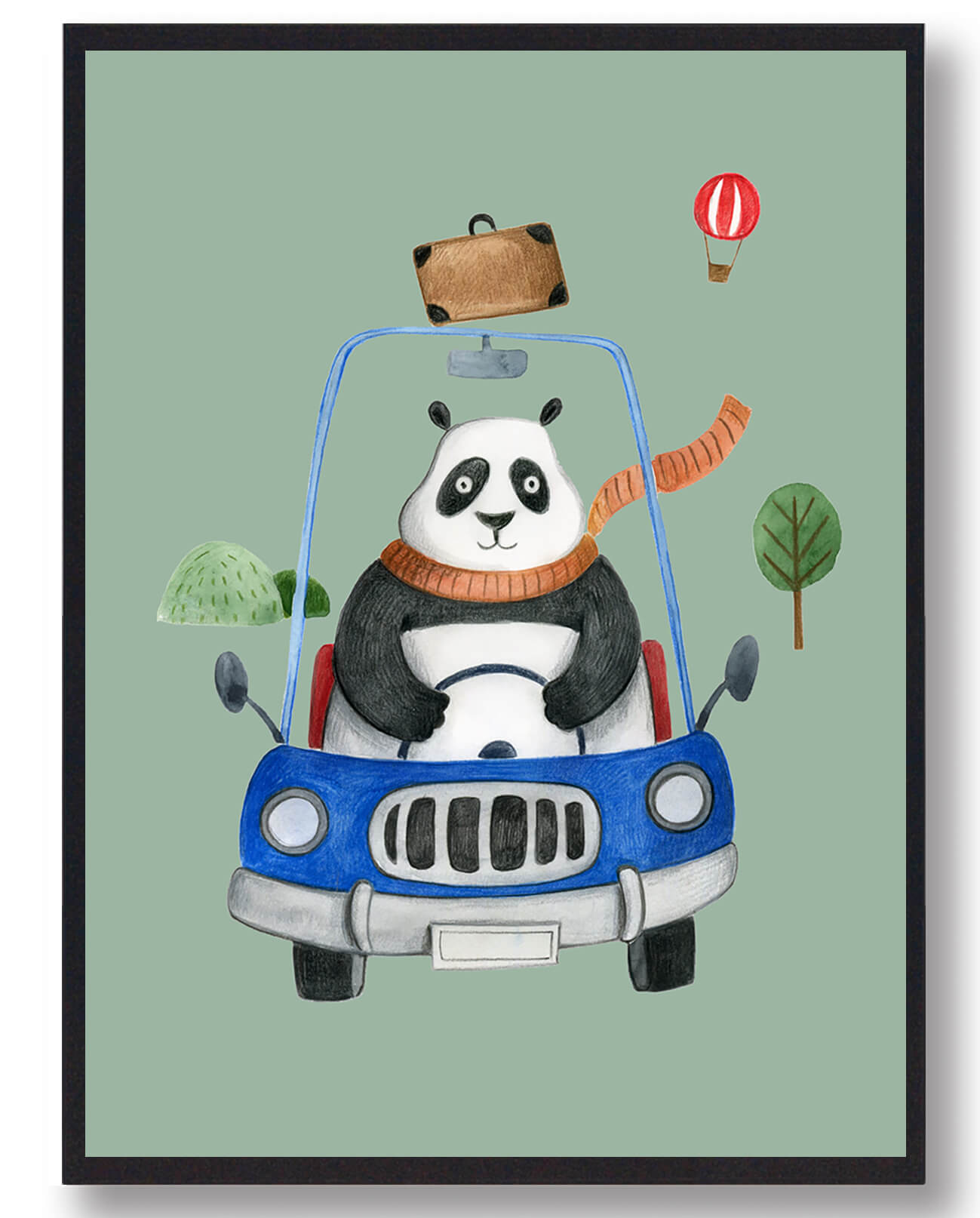 Grøn Panda Bil Håndtegnet Plakat - Plakatdyr.dk Plakater