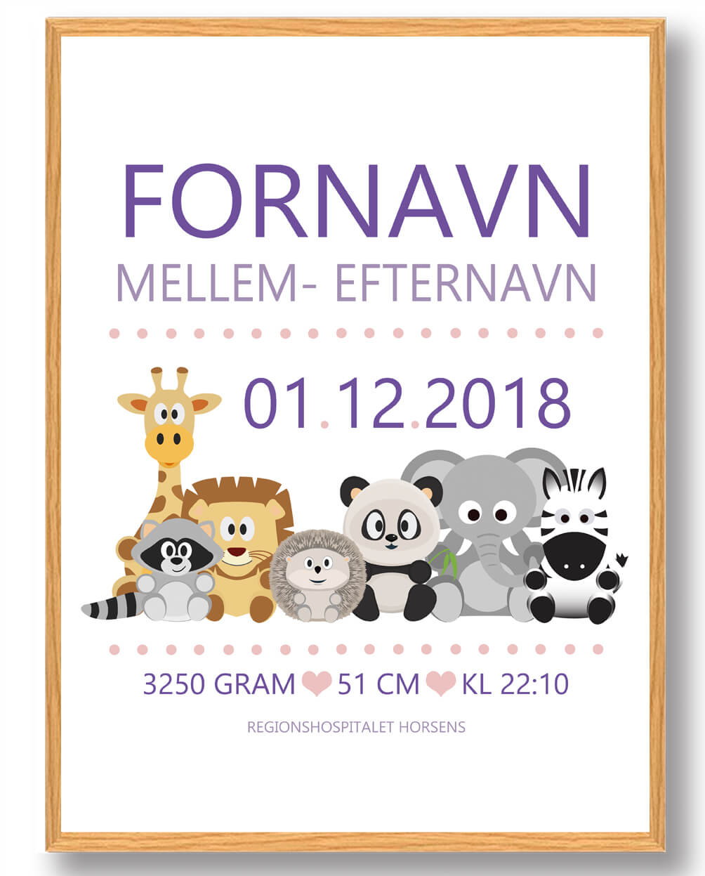 Fødselstavle Med Dyr Lilla Plakat - Plakatdyr.dk Plakater