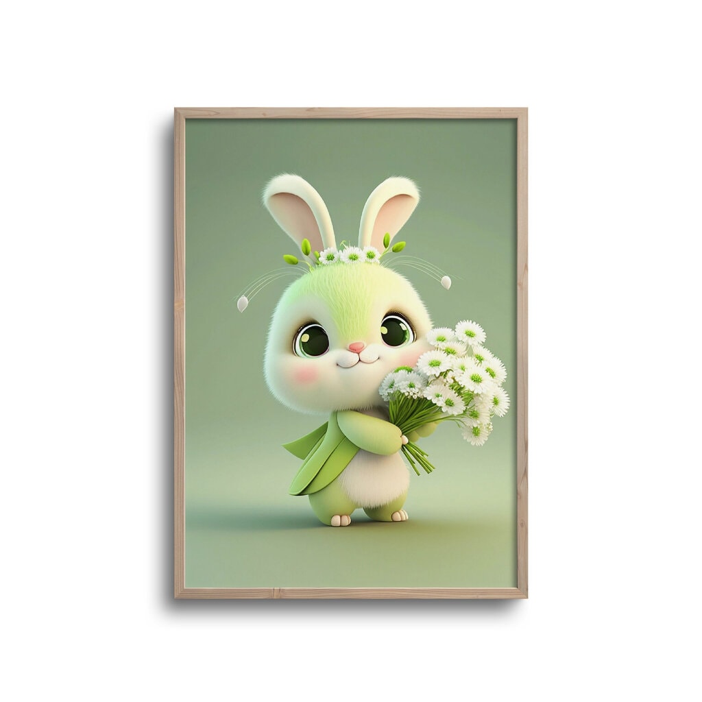 Grøn Cute Baby Kanin Med Blomster Plakat - Plakater