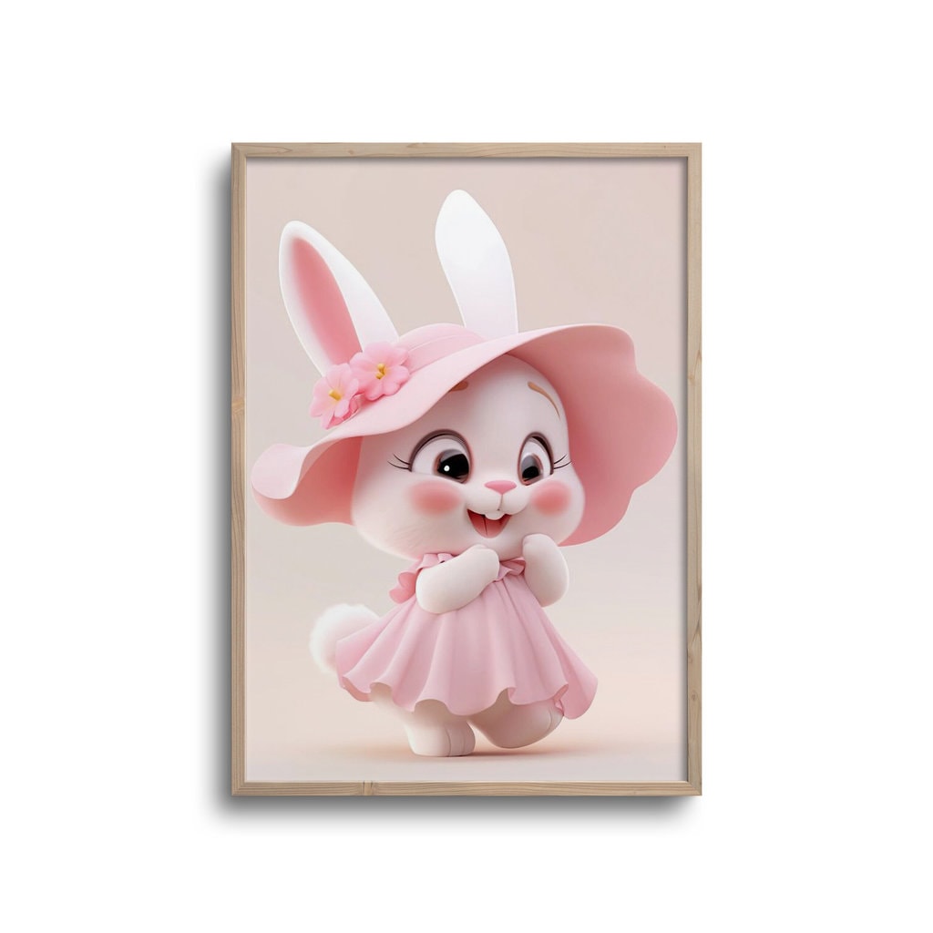 Hvid Cute Kanin Med Lyserød Hat Kjole Plakat - Plakater