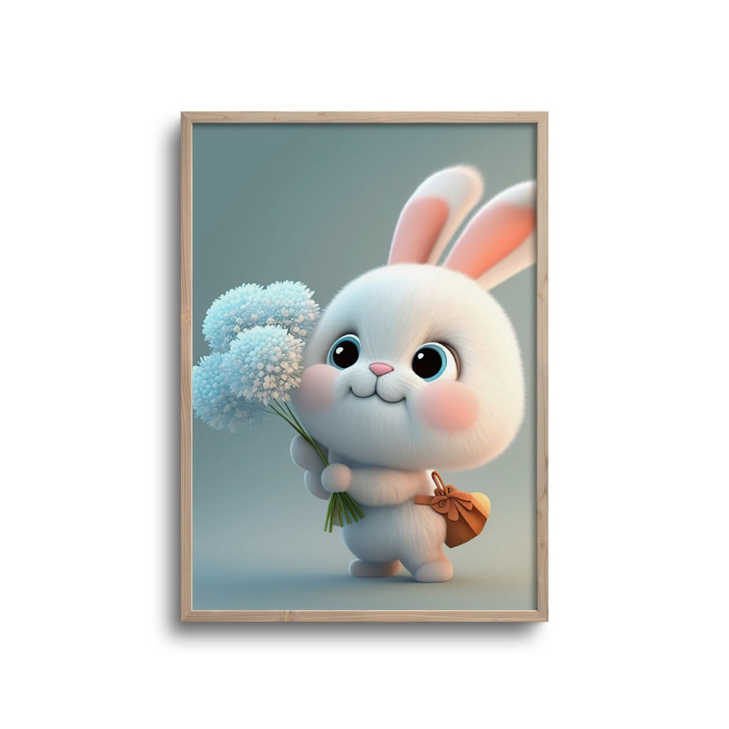 Cute Kanin Med Lyseblå Blomster Plakat - Plakater