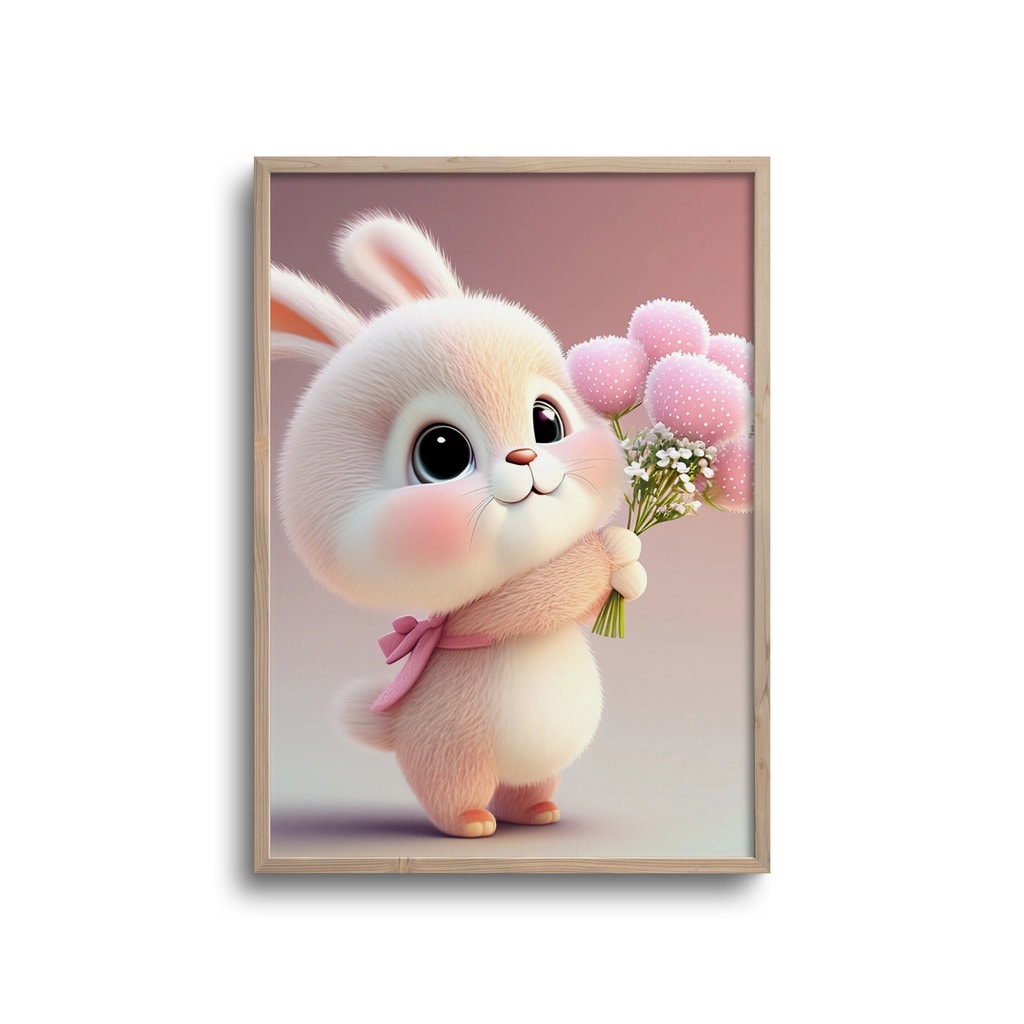 Cute Kanin Med Lyserøde Blomster Plakat - Plakater