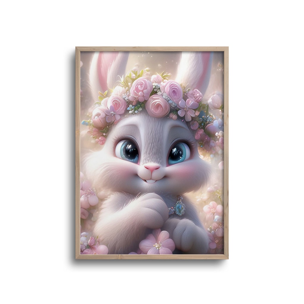 Cute Pige Kanin Med Blomsterkrans Store øjne Plakat - Plakater