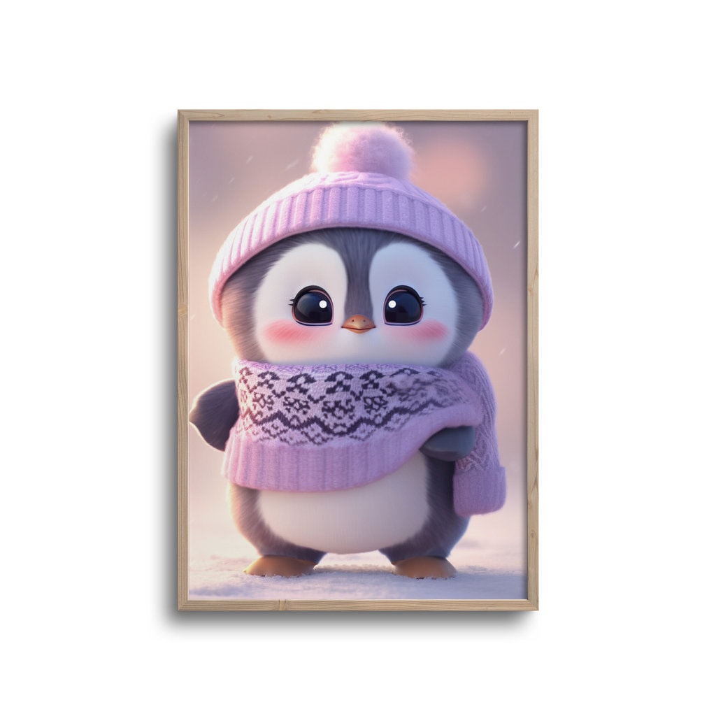 Cute Pingvin Med Lyselilla Hue Halsterklæde - Plakater