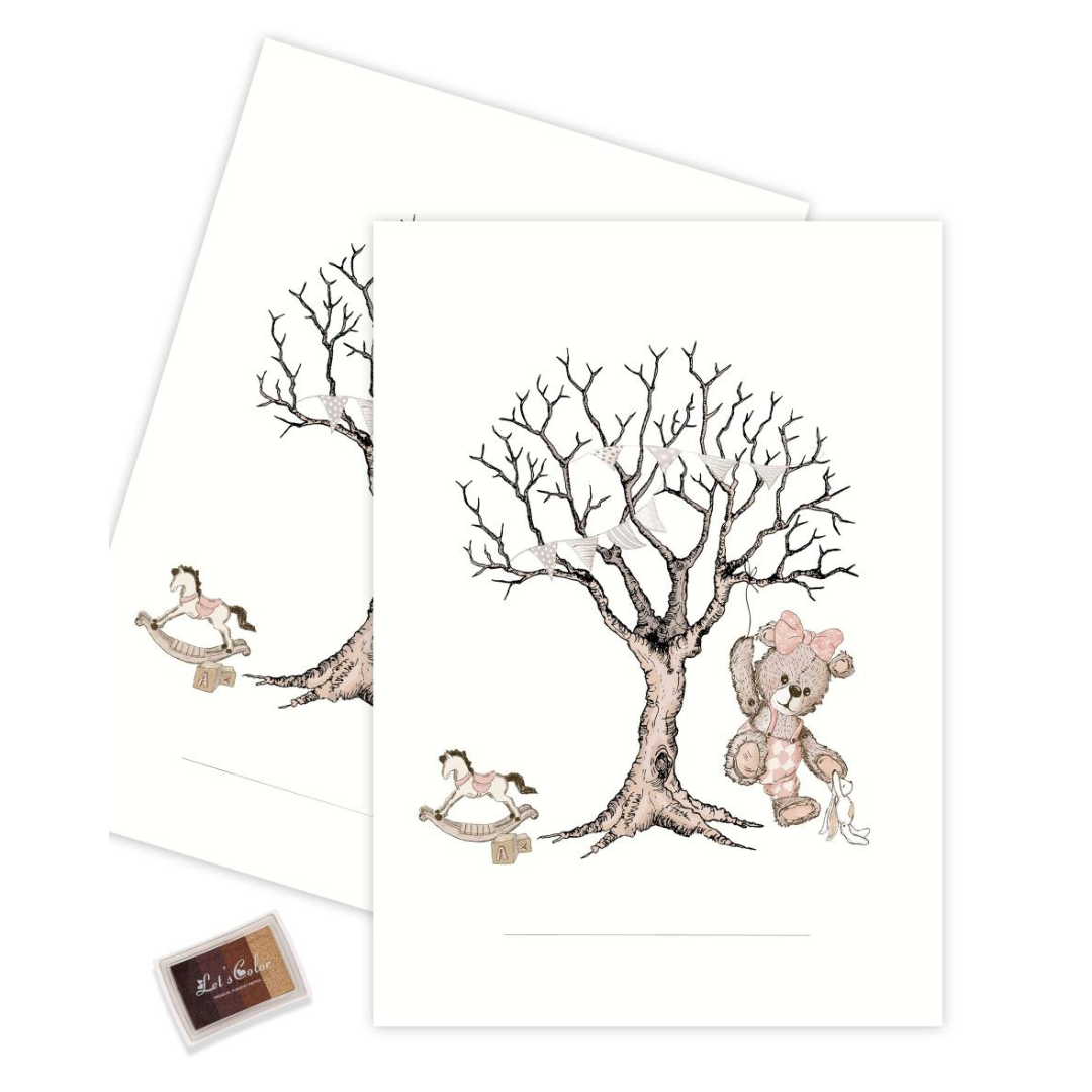 Fingeraftryks Plakat Livets Træ Med Teddybear Lyserød Brun - Mouse & Pen Plakater