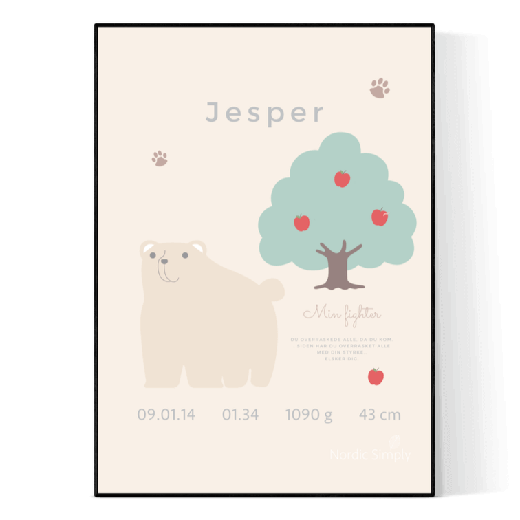 Fødselsplakat Med Barnets Navn Bjørn 50x70 Uden Ramme Nordic Simply - Nordic Simply Plakater