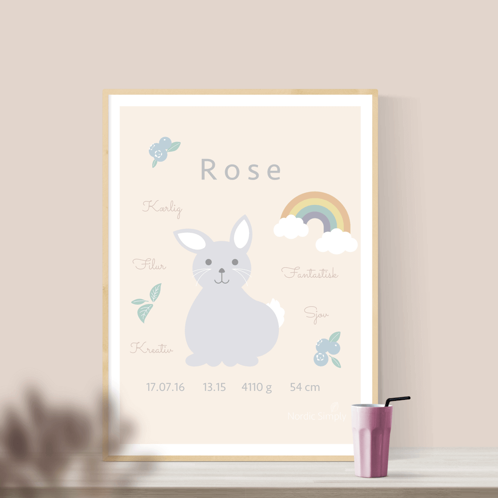 Fødselsplakat Med Barnets Navn Kanin 50x70 Uden Ramme Nordic Simply - Nordic Simply Plakater