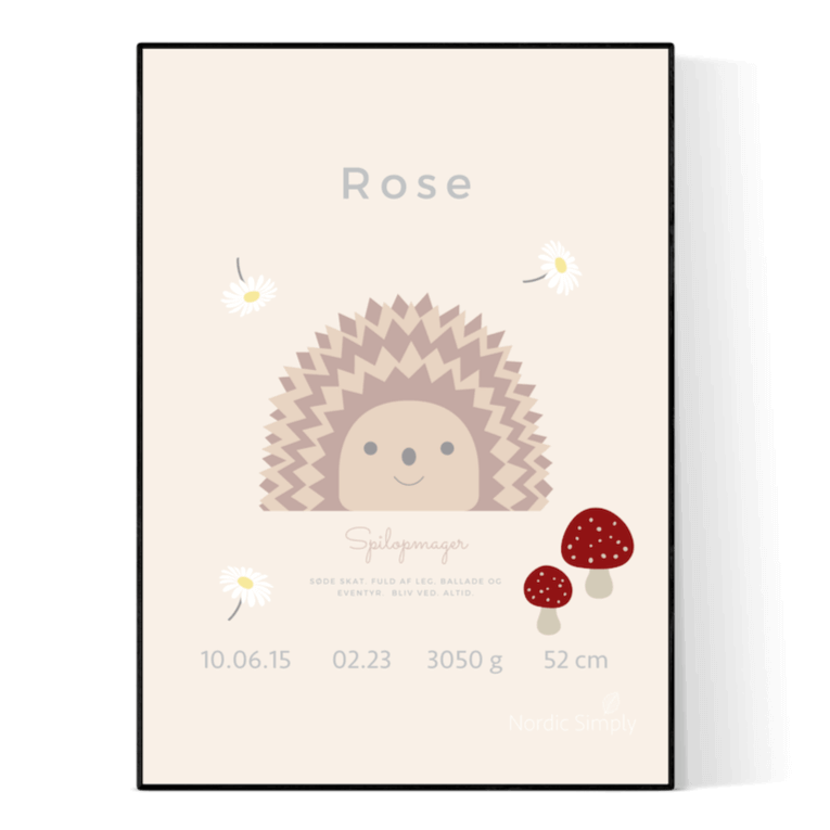 Fødselsplakat Med Barnets Navn Pindsvin 50x70 Uden Ramme Nordic Simply - Nordic Simply Plakater