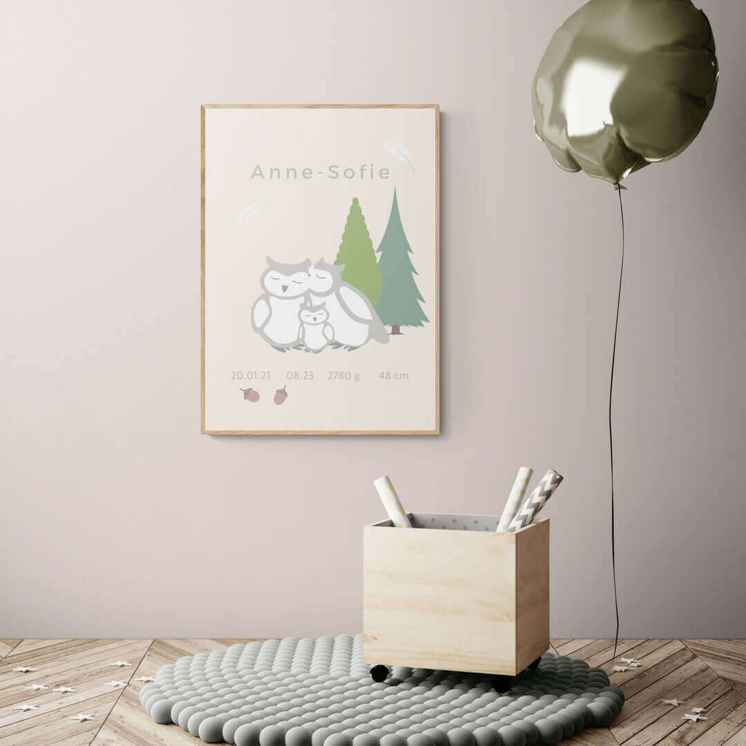 Fødselsplakat Med Barnets Navn Ugler 50x70 Uden Ramme Nordic Simply - Nordic Simply Plakater