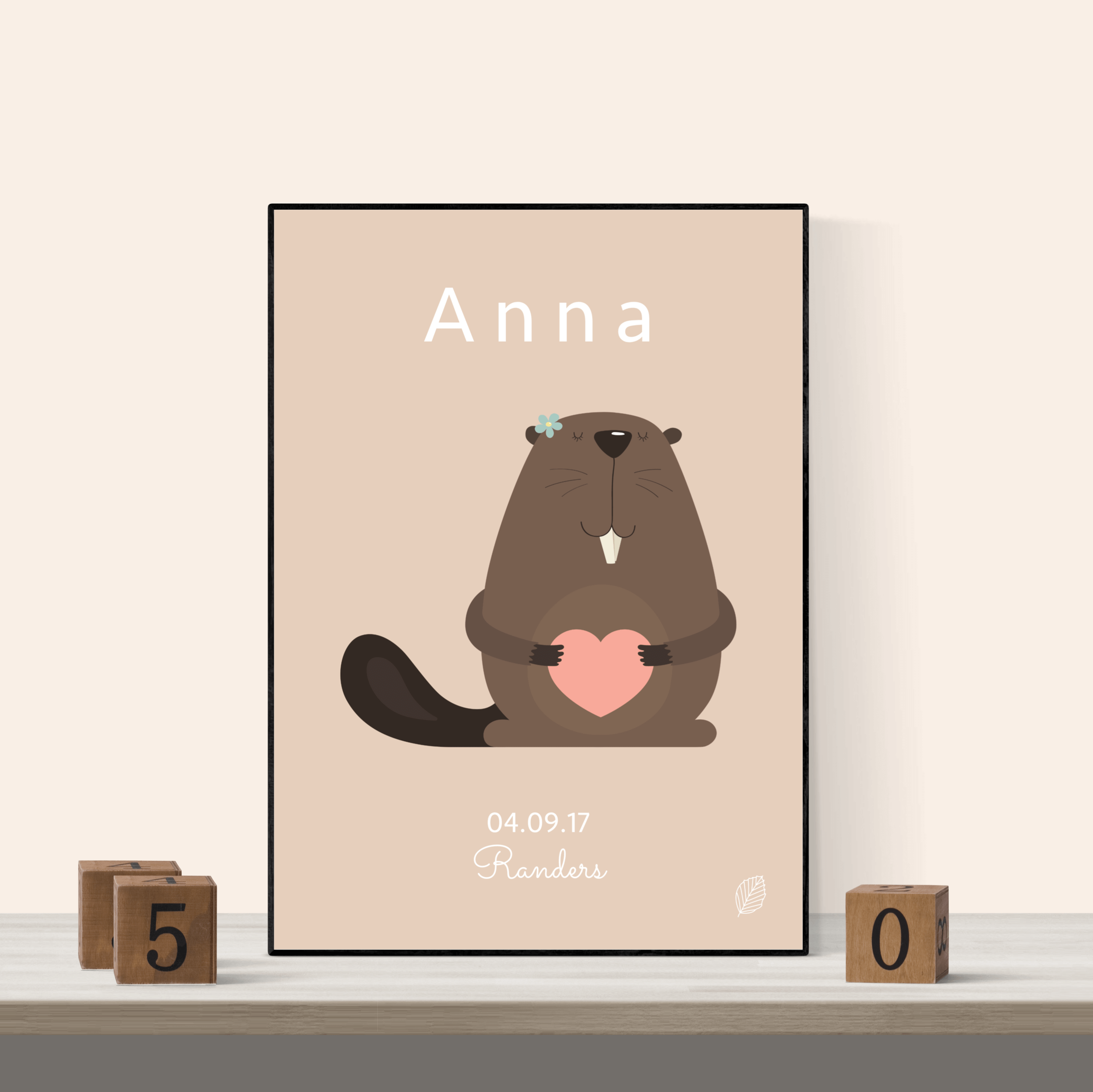 Rosa Navneplakat Med & Dato Bæver 50x70 Uden Ramme Nordic Simply - Nordic Simply Plakater