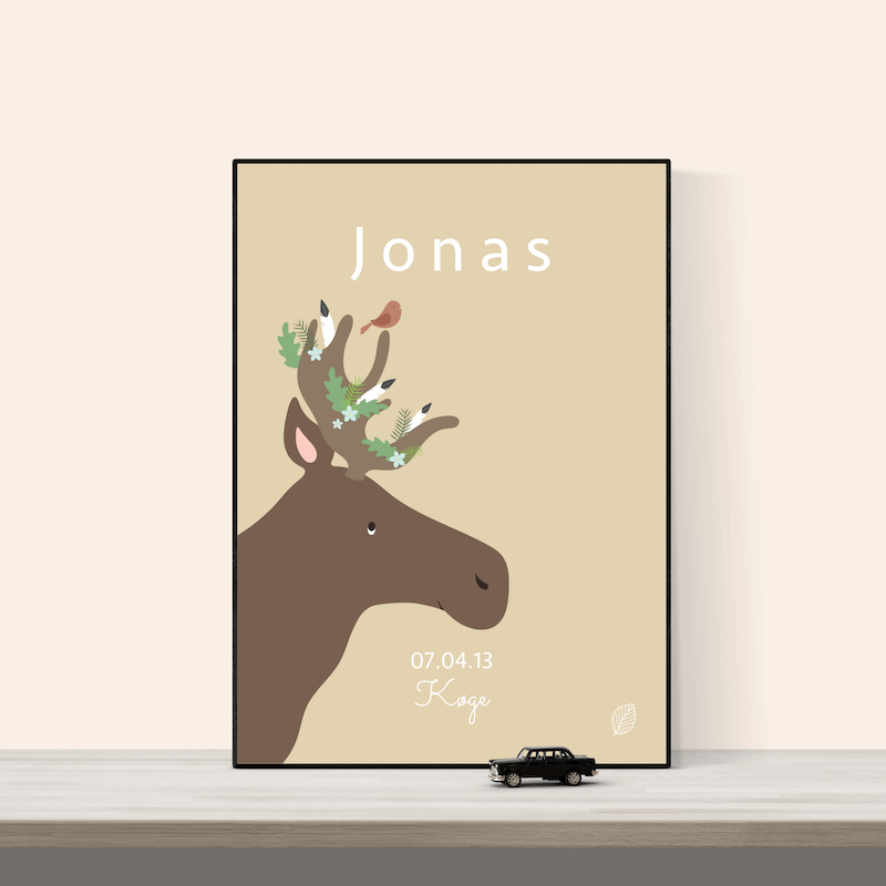 Navneplakat Med & Dato Elg Sennep 50x70 Uden Ramme Nordic Simply - Nordic Simply Plakater