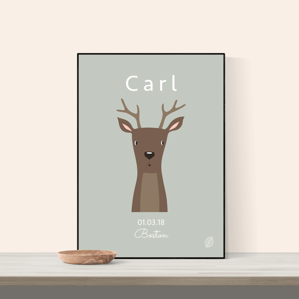 Navneplakat Med & Dato Rådyr Blå 50x70 Uden Ramme Nordic Simply - Nordic Simply Plakater