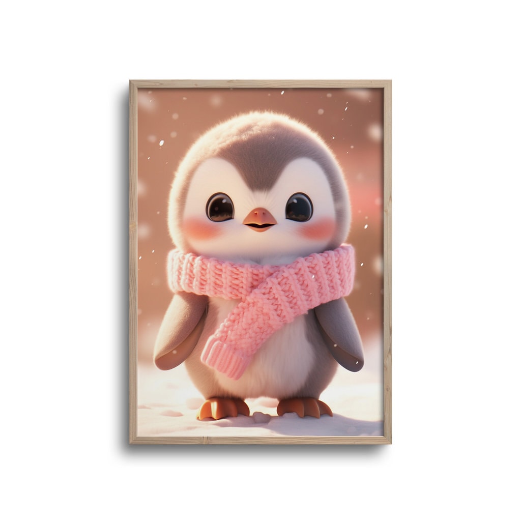 Cute Baby Pingvin Med Lyserødt Tørklæde - Plakater