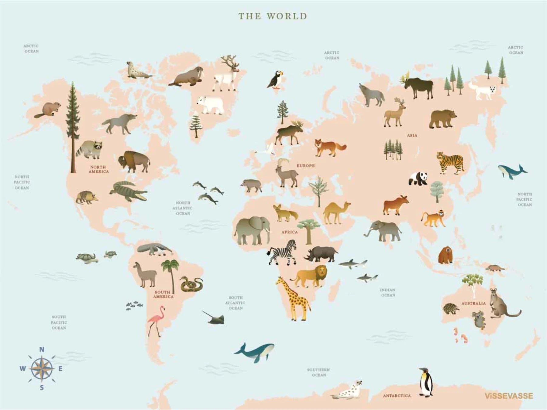 World Map Animal Plakat Vissevasse - Vissevasse Plakater  - 5713138100324