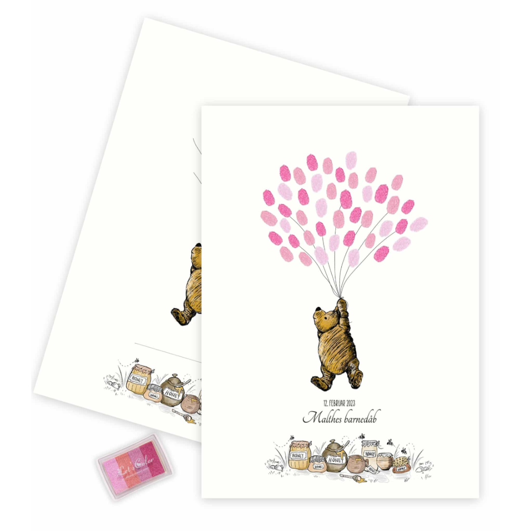 Fingeraftryk Plakat Peter Plys Med Ballon Lyserød - Mouse & Pen Plakater