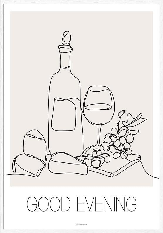 One Line Plakat Med Vin Ost Good Evening - Unikplakat.dk Plakater