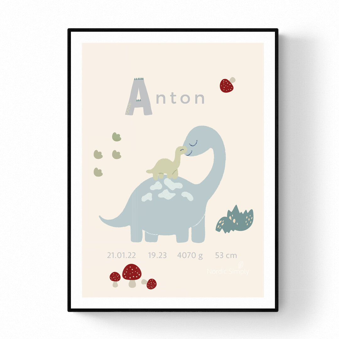Fødselsplakat Med Barnets Navn Dinoer 50x70 Uden Ramme Nordic Simply - Nordic Simply Plakater