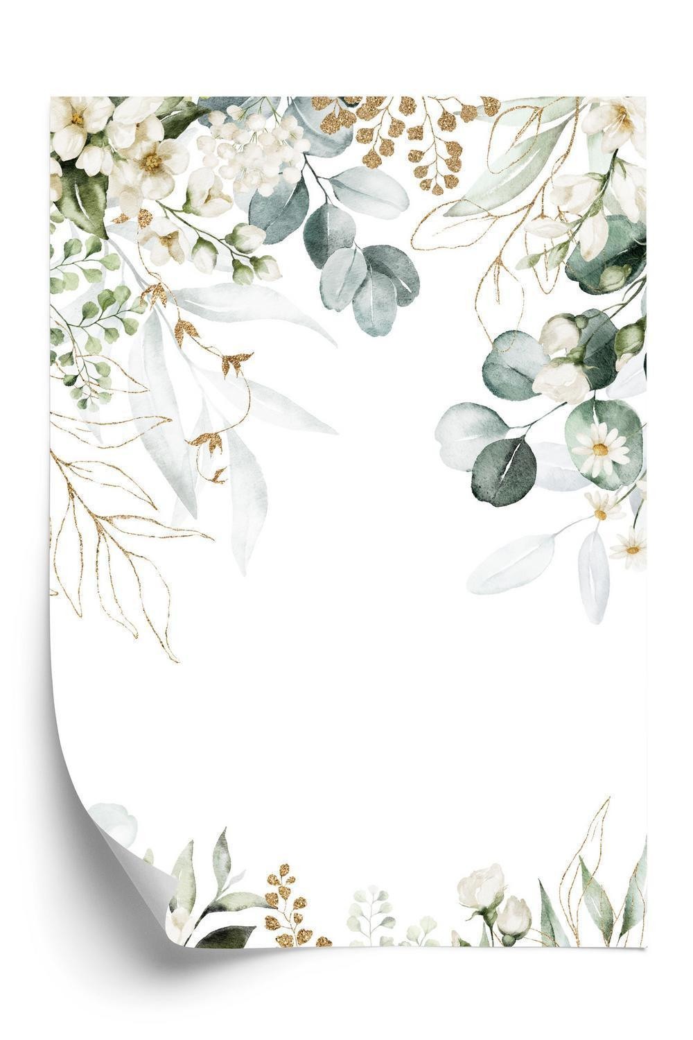 Hvid Plakat Akvarel Eukalyptusblade E Blomster - Doboxa Plakater