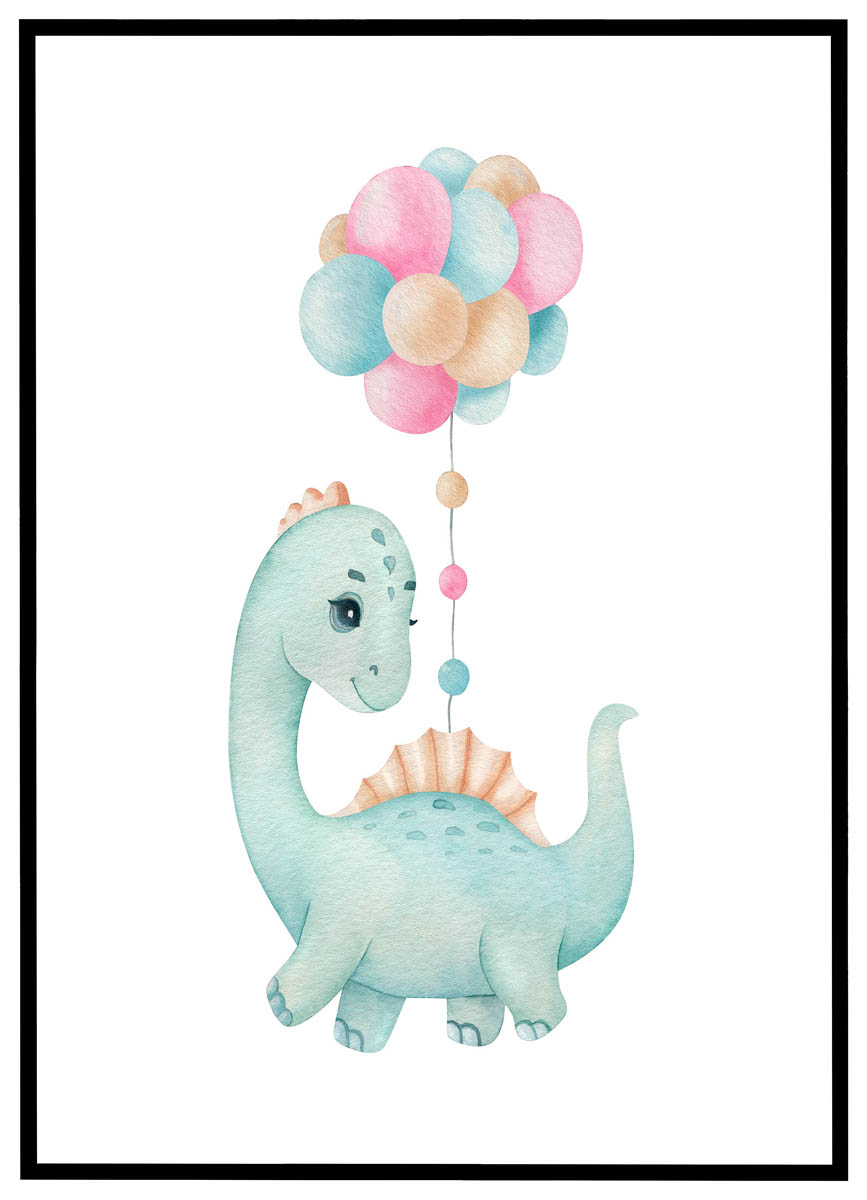 Plakat Sød Dinosaur Med Balloner - Plakater