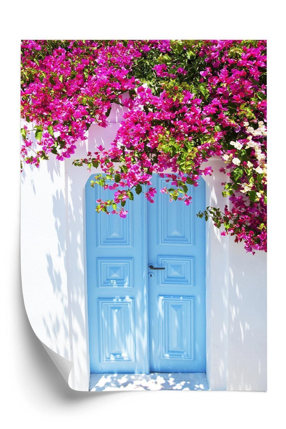 Plakat Blå Døre Lyserøde Blomster Traditionel Græsk Arkitektur - Doboxa Plakater