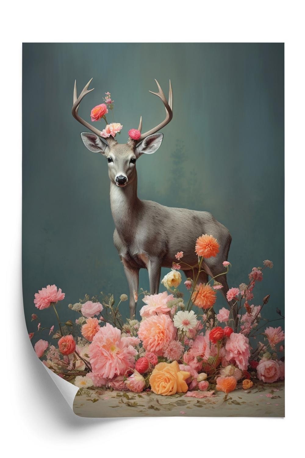 Plakat Rådyr Med Gevirer Masser Blomster - Doboxa Plakater
