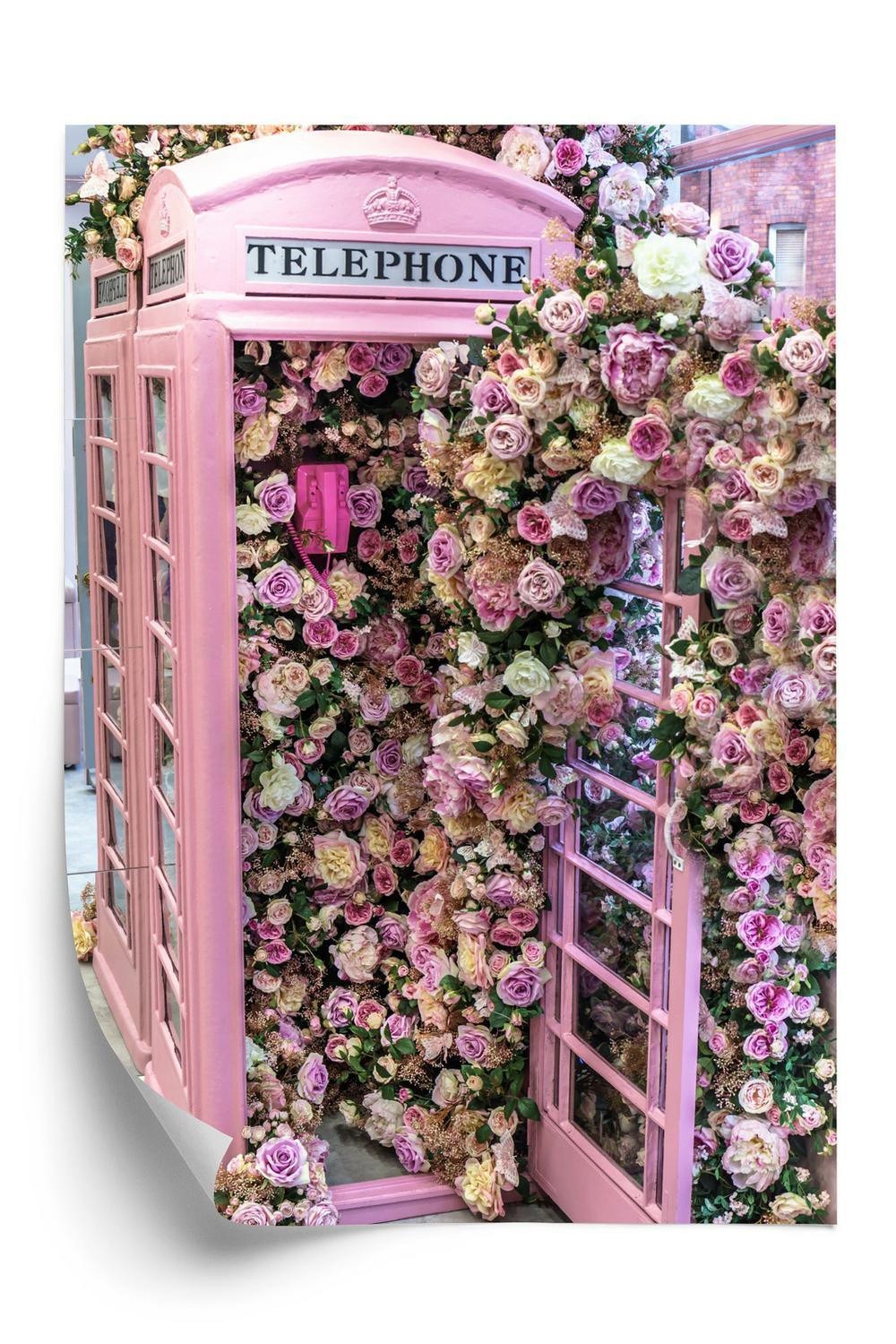 Plakat Farverige Blomster Lyserød Telefonboks - Doboxa Plakater