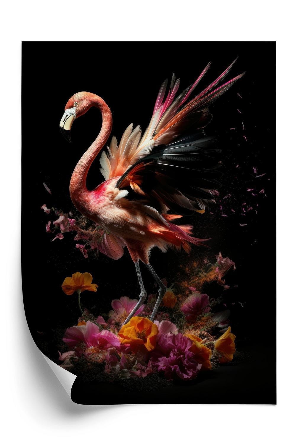 Plakat Flamingo Med Blomster Surrealistisk Illustration - Doboxa Plakater