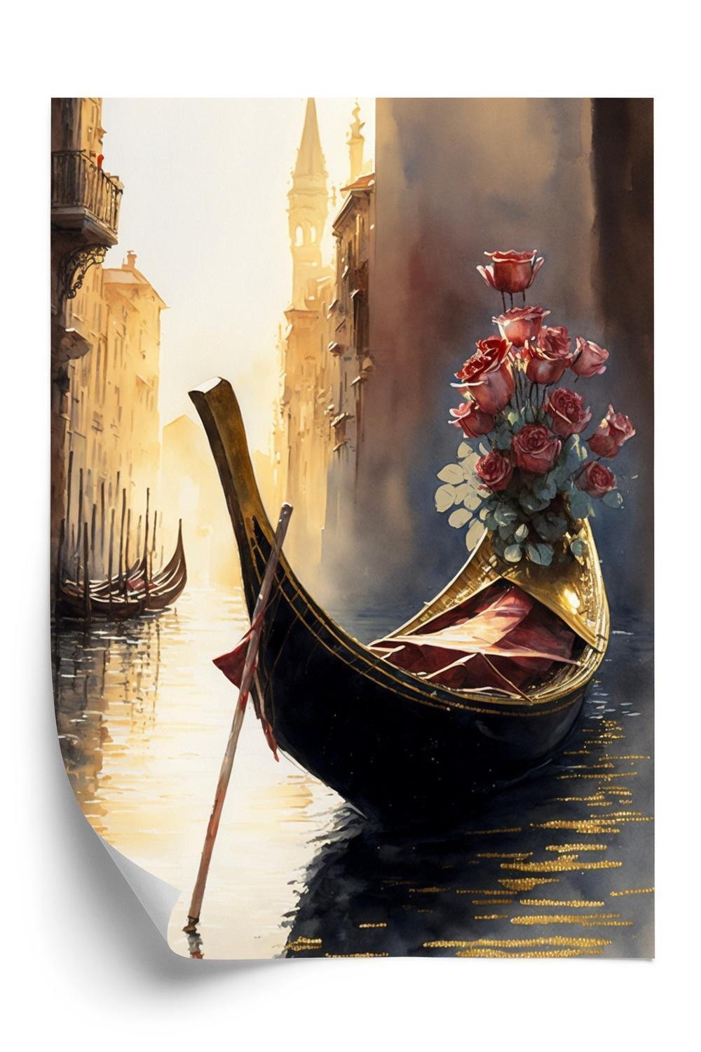 Plakat Gondol Med Buket Roser Venedig - Doboxa Plakater