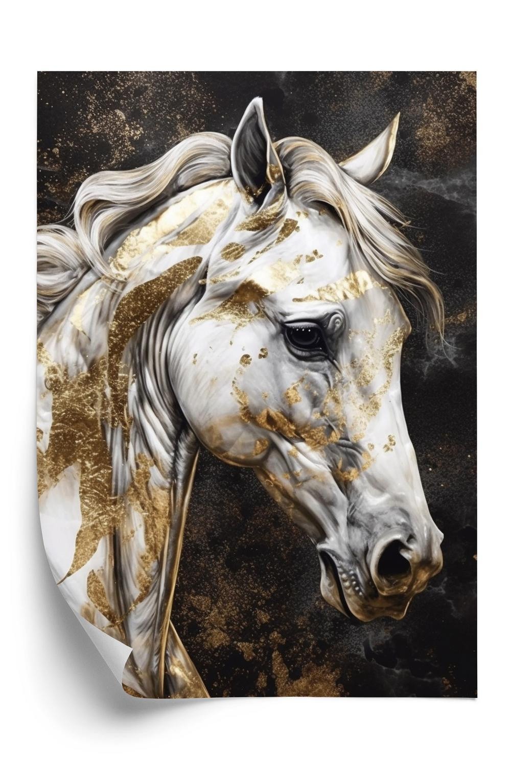 Hvid Plakat Hest Med Guld - Doboxa Plakater