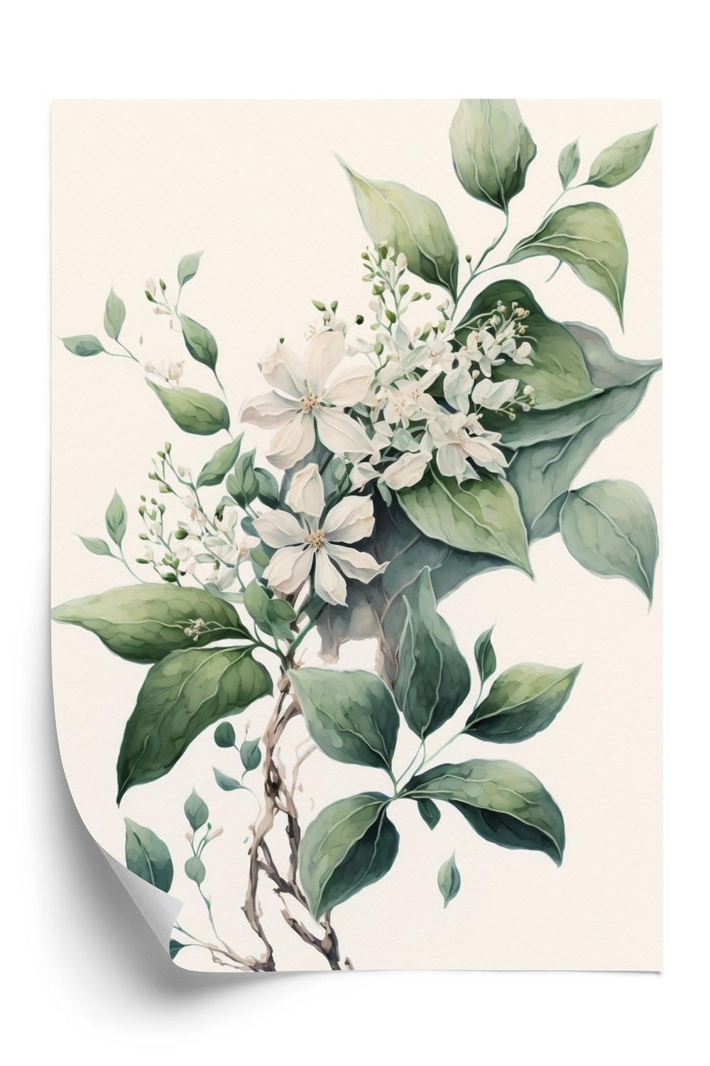 Hvid Plakat E Blomster Grøn Gren - Doboxa Plakater