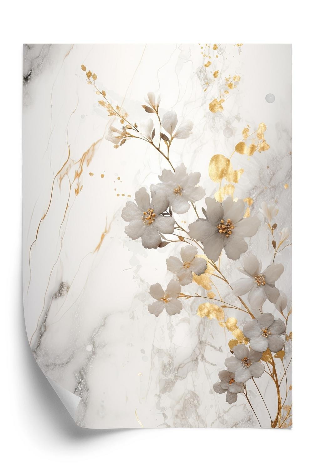 Hvid Plakat E Guld Blomster Marmor - Doboxa Plakater