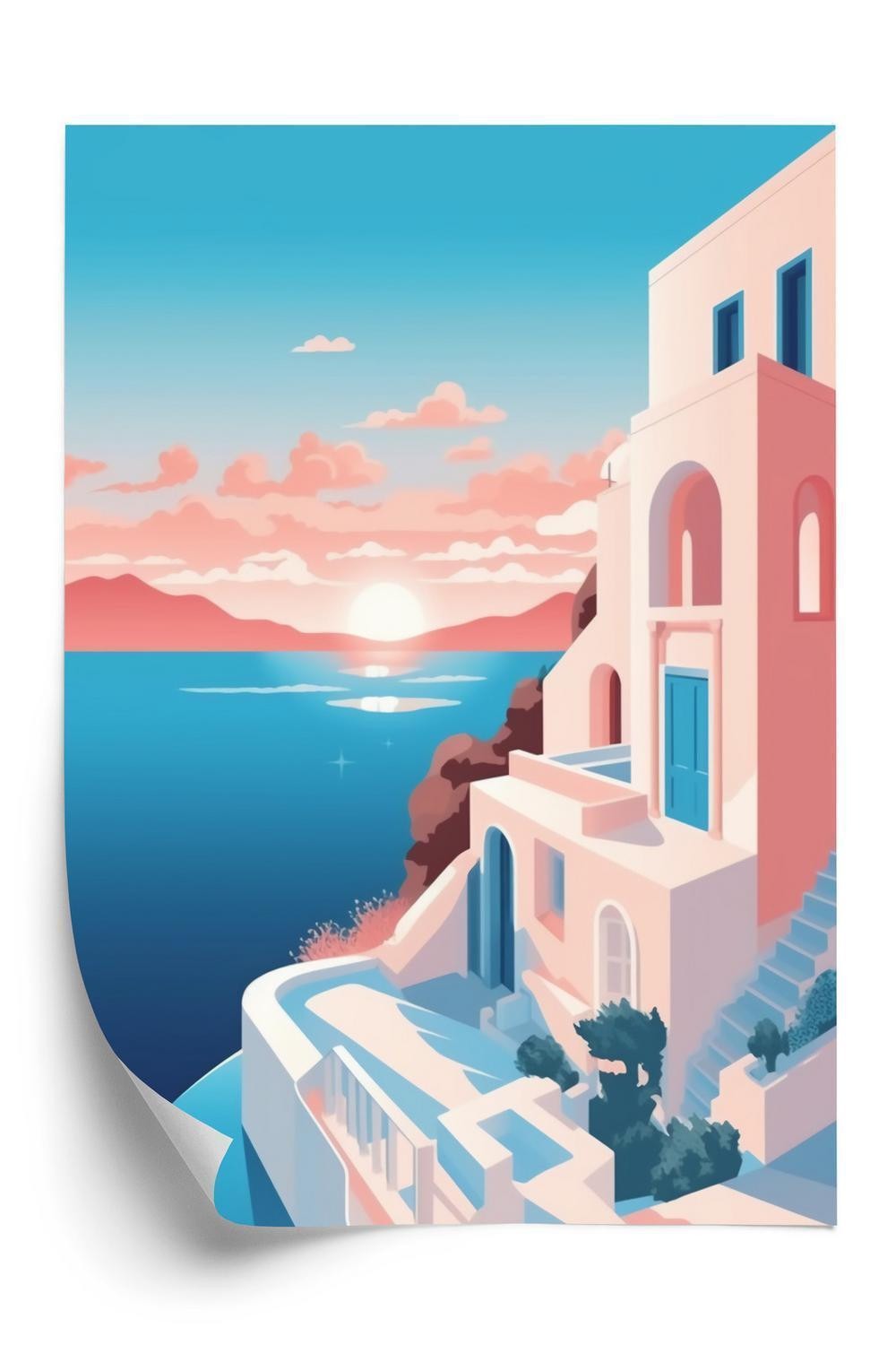 Plakat Illustration Med Solnedgang Santorini - Doboxa Plakater